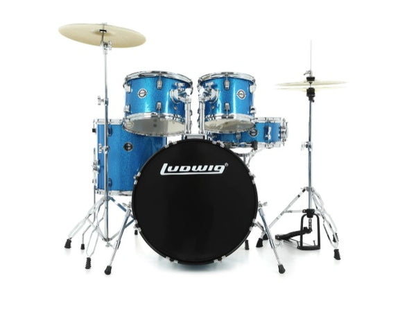 Ludwig 5PC Accent Fuse Drum Kit with Hardware, Cymbals, & Throne Blue Sparkle 10 12 14 14SN 20BD